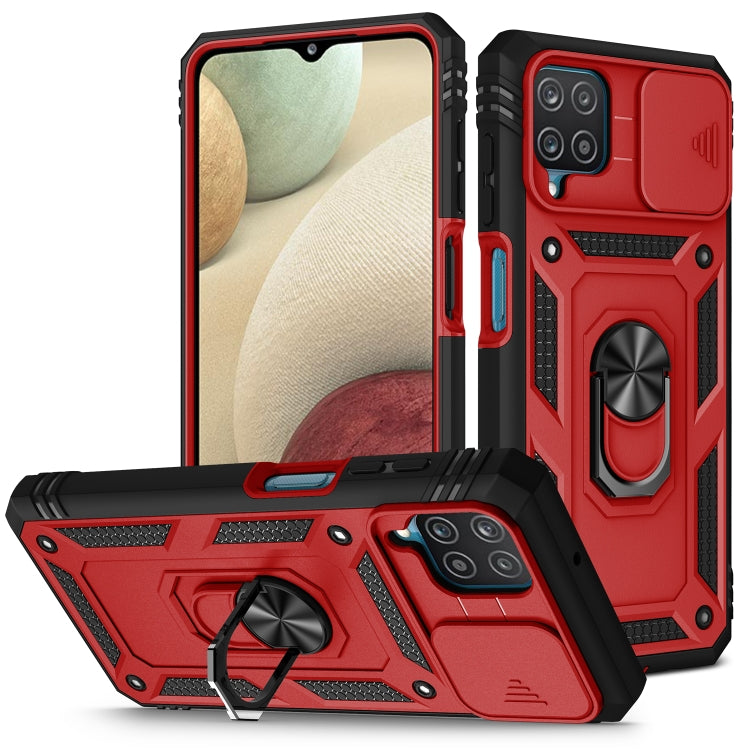 Samsung Galaxy A12 Protective Case with Sliding Camera Cover, 360 Degree Rotating Holder, and Card Slot in Red and Black