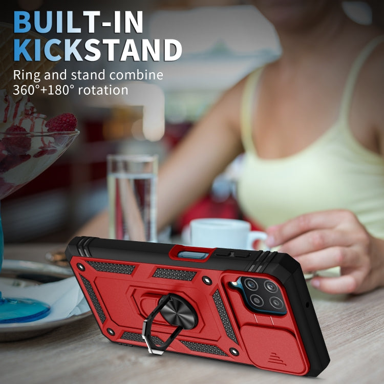 Samsung Galaxy A12 Protective Case with Sliding Camera Cover, 360 Degree Rotating Holder, and Card Slot in Red and Black