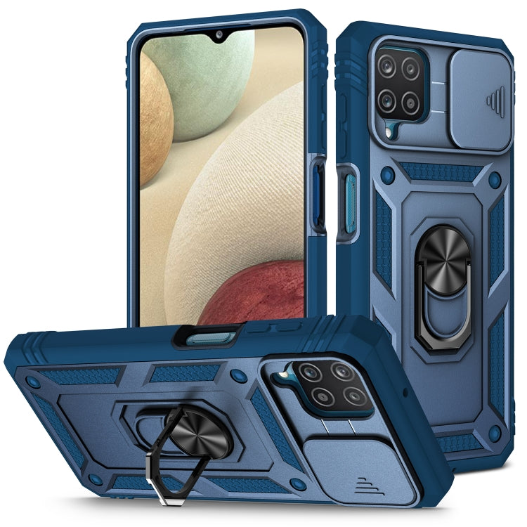 Sliding Camera Cover Design TPU + PC Protective Case for Samsung Galaxy A12 with 360 Degree Rotating Holder & Card Slot (Blue+Blue)
