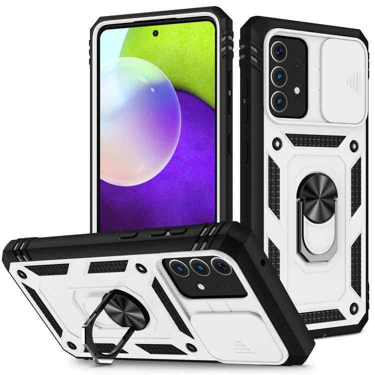 Sliding Camera Protective Case with 360-Degree Rotating Stand for Samsung Galaxy A52 (White+Black)