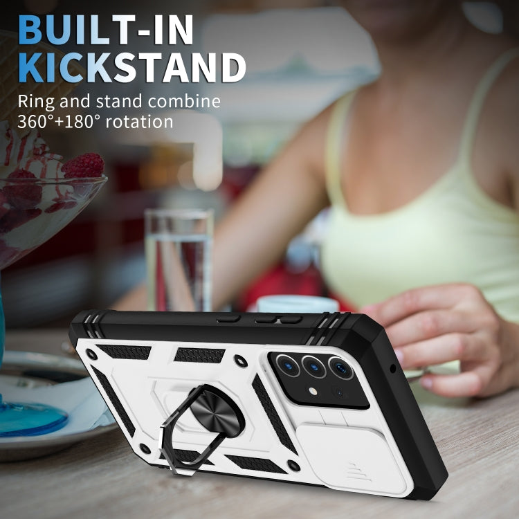 Sliding Camera Protective Case with 360-Degree Rotating Stand for Samsung Galaxy A52 (White+Black)