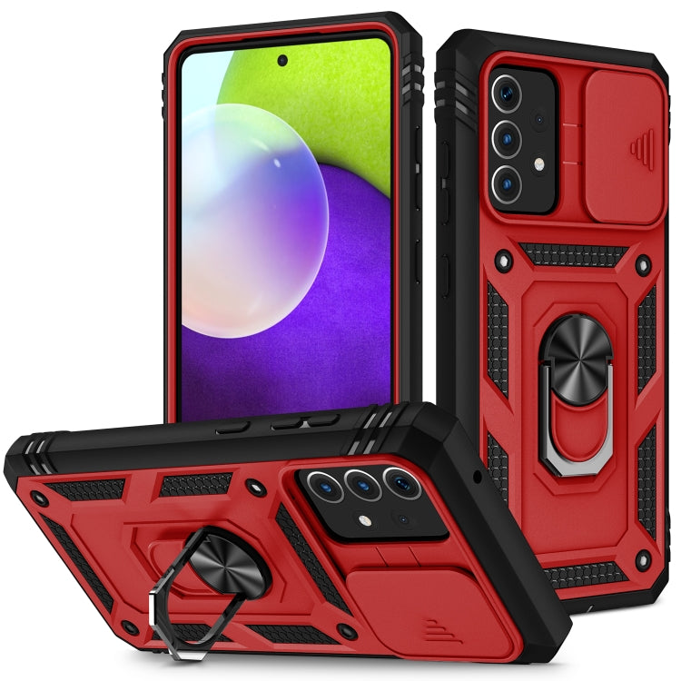 Samsung Galaxy A52 Sliding Camera Cover Case with 360 Degree Rotating Holder & Card Slot (Red+Black)