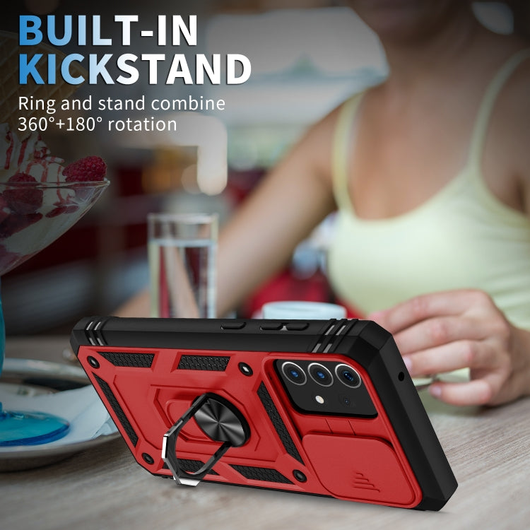 Samsung Galaxy A52 Sliding Camera Cover Case with 360 Degree Rotating Holder & Card Slot (Red+Black)