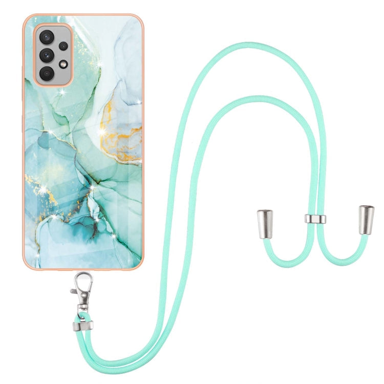 Green 003 Electroplating Marble Pattern IMD TPU Shockproof Case for Samsung Galaxy A32 4G EU Version with Neck Lanyard