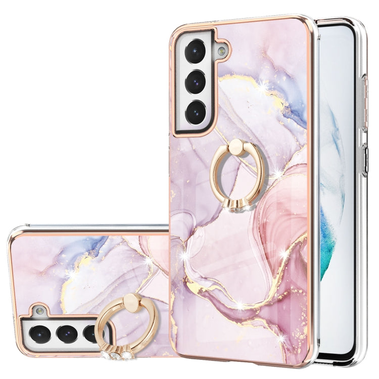 Samsung Galaxy S21 FE 5G Electroplating Marble Pattern TPU Case with Ring Holder - Rose Gold 005