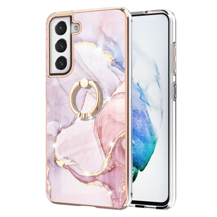 Samsung Galaxy S21 FE 5G Electroplating Marble Pattern TPU Case with Ring Holder - Rose Gold 005