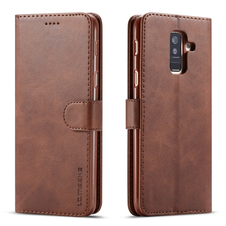 LC.IMEEKE Calf Texture Horizontal Flip Leather Case for Galaxy A6 Plus (2018) in Brown with Holder, Card Slots, and Wallet