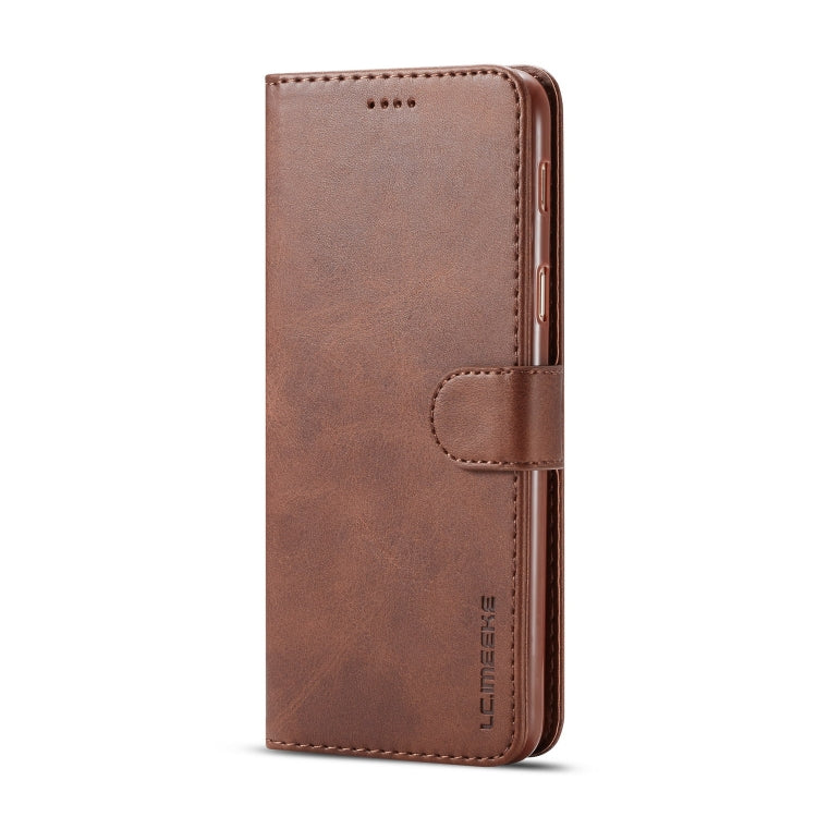 LC.IMEEKE Calf Texture Horizontal Flip Leather Case for Galaxy A6 Plus (2018) in Brown with Holder, Card Slots, and Wallet