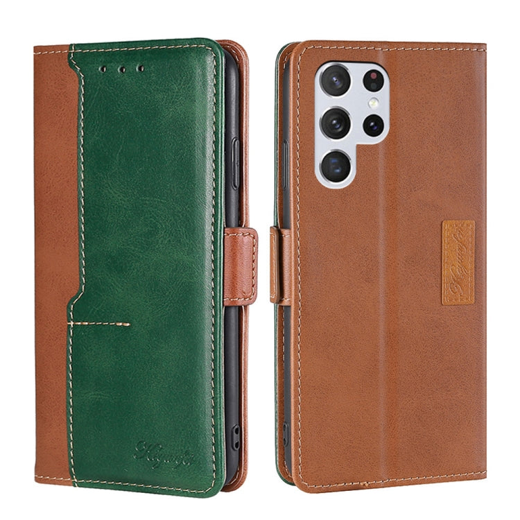 Samsung Galaxy S22 Ultra 5G Retro Texture Leather Case with Card Slots (Light Brown + Green)