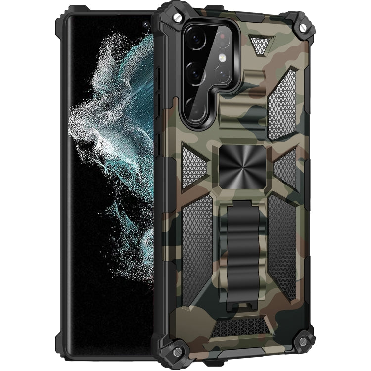 Camouflage Armor Shockproof TPU + PC Magnetic Phone Case with Holder for Samsung Galaxy S22 Ultra 5G (Army Green)