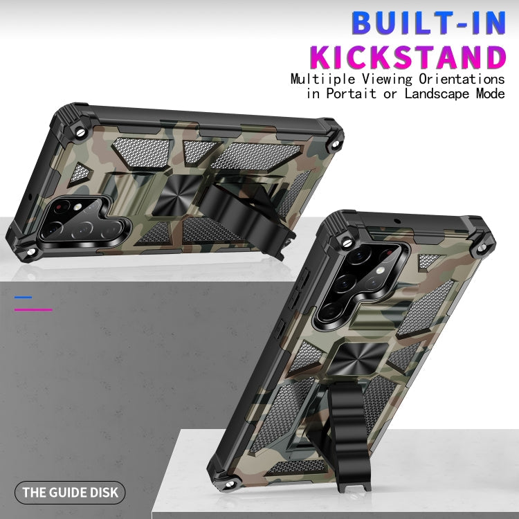 Camouflage Armor Shockproof TPU + PC Magnetic Phone Case with Holder for Samsung Galaxy S22 Ultra 5G (Army Green)