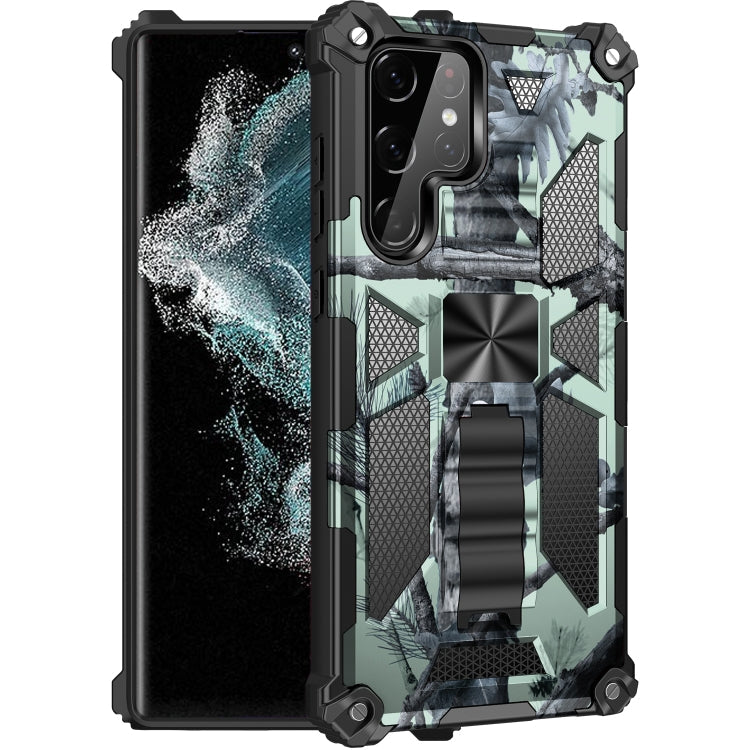 Samsung Galaxy S22 Ultra 5G Camouflage Armor Shockproof Phone Case with Holder (Mint Green)