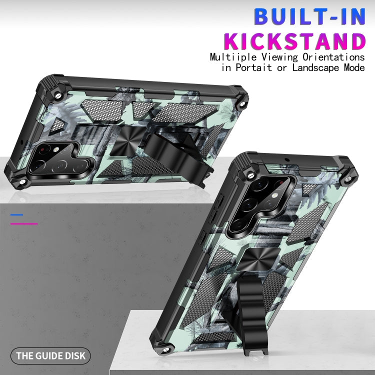 Samsung Galaxy S22 Ultra 5G Camouflage Armor Shockproof Phone Case with Holder (Mint Green)