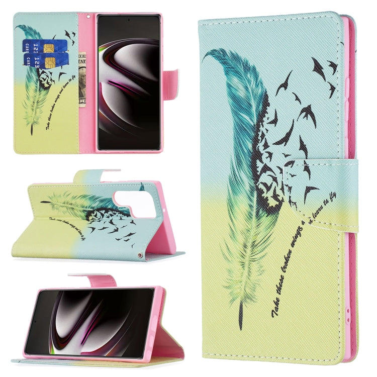Samsung Galaxy S22 Ultra 5G Horizontal Flip Leather Case with Card Slots and Wallet (Feather Pattern)