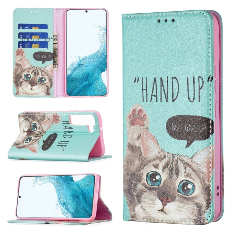 Colored Drawing Pattern Leather Case for Samsung Galaxy S22 5G with Holder & Card Slots (Cat)
