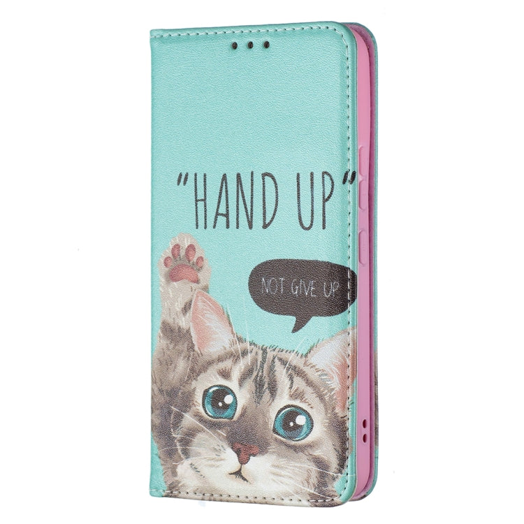 Colored Drawing Pattern Leather Case for Samsung Galaxy S22 5G with Holder & Card Slots (Cat)