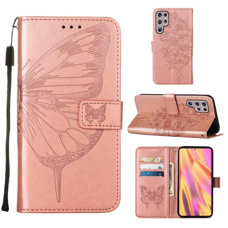 Embossed Butterfly Rose Gold Leather Phone Case for Samsung Galaxy S22 Ultra 5G with Holder, Card Slot, Wallet, and Lanyard