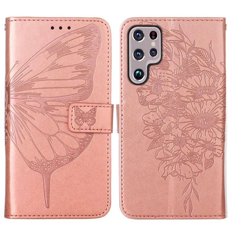 Embossed Butterfly Rose Gold Leather Phone Case for Samsung Galaxy S22 Ultra 5G with Holder, Card Slot, Wallet, and Lanyard