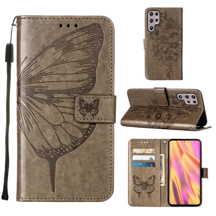 Embossed Butterfly Leather Phone Case for Samsung Galaxy S22 Ultra 5G - Grey