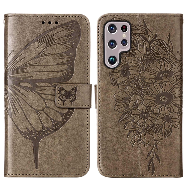 Embossed Butterfly Leather Phone Case for Samsung Galaxy S22 Ultra 5G - Grey
