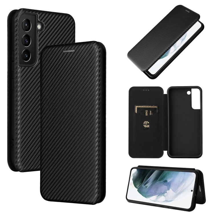 Samsung Galaxy S22 Carbon Fiber Texture Horizontal Flip Leather Phone Case in Black