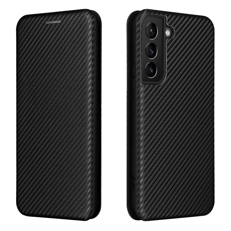 Samsung Galaxy S22 Carbon Fiber Texture Horizontal Flip Leather Phone Case in Black