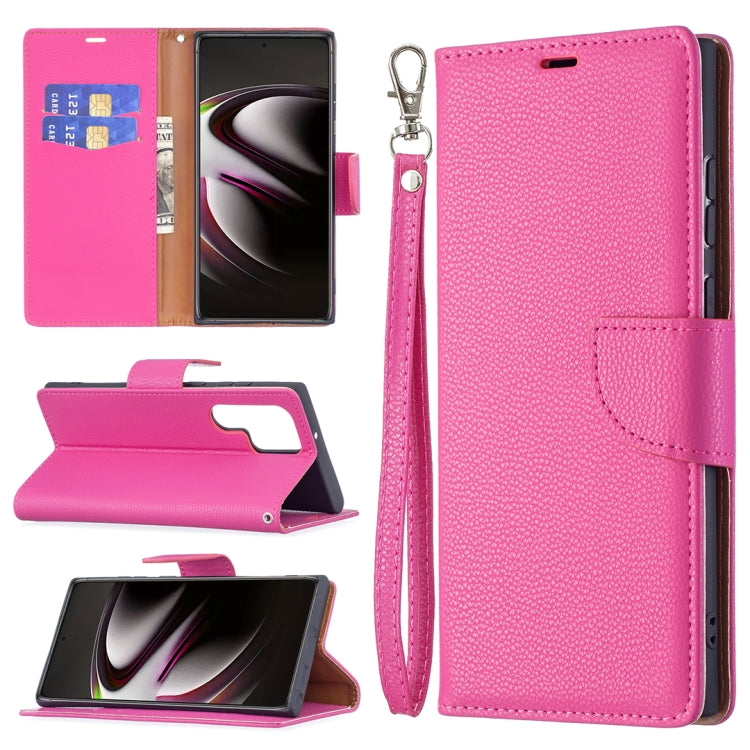 Litchi Texture Leather Phone Case for Samsung Galaxy S22 Ultra 5G with Holder & Card Slots & Wallet & Lanyard - Rose Red