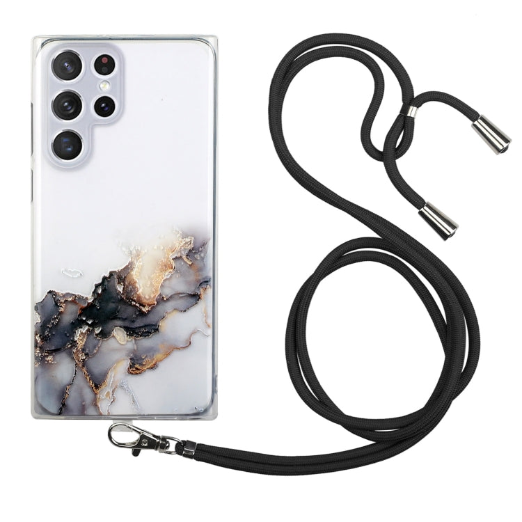 Hollow Marble Pattern TPU Shockproof Phone Case for Samsung Galaxy S22 Ultra 5G with Neck Strap Rope (Black)