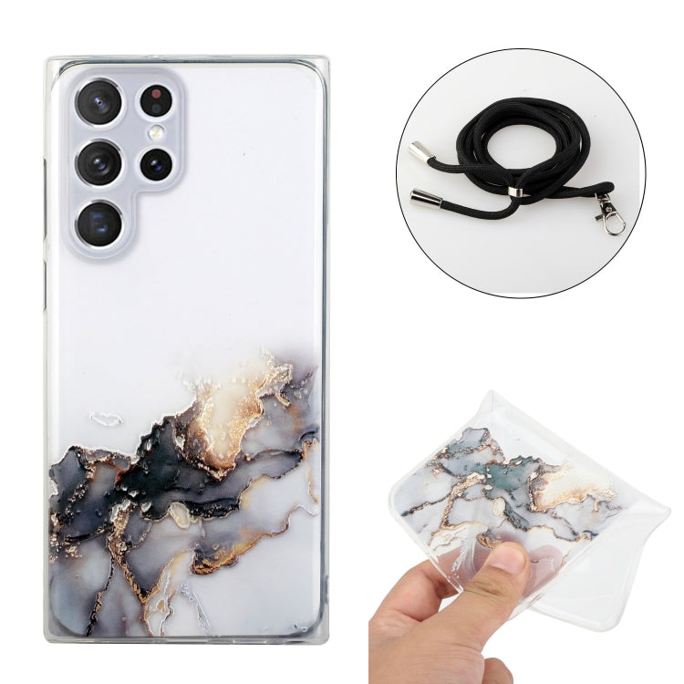 Hollow Marble Pattern TPU Shockproof Phone Case for Samsung Galaxy S22 Ultra 5G with Neck Strap Rope (Black)