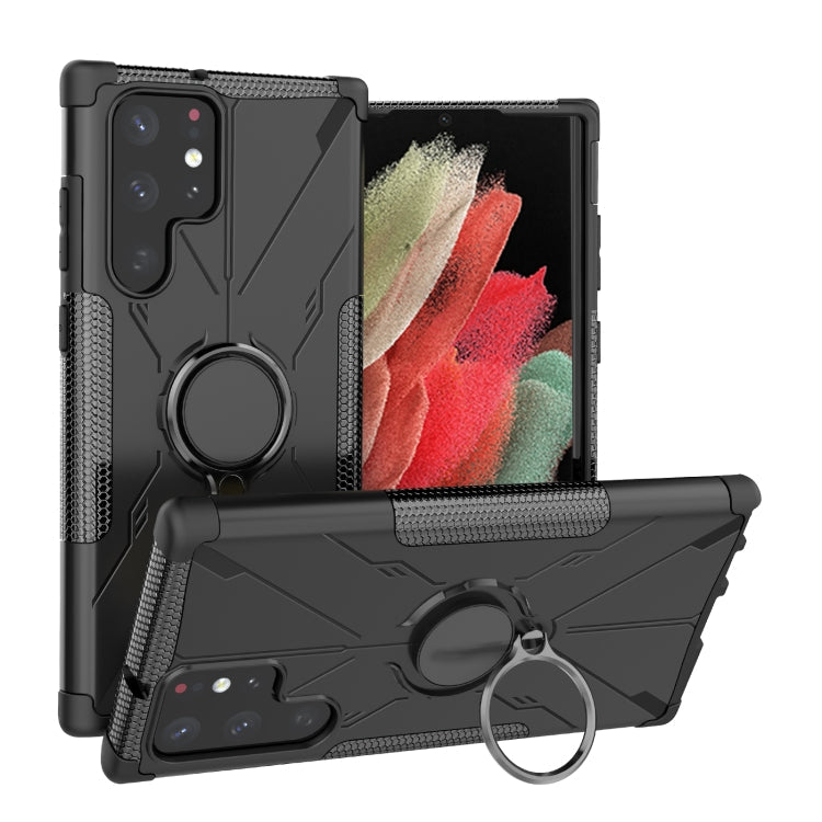 Armor Bear Shockproof Phone Case with Ring Holder for Samsung Galaxy S22 Ultra 5G (Black)