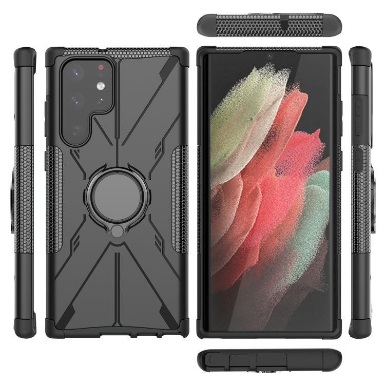 Armor Bear Shockproof Phone Case with Ring Holder for Samsung Galaxy S22 Ultra 5G (Black)