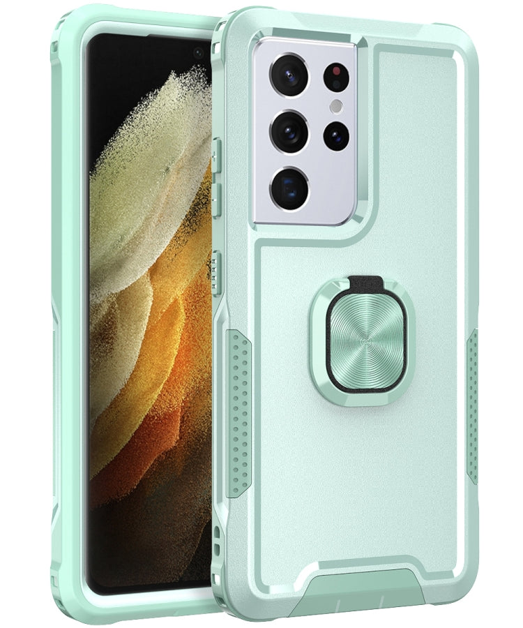 Mint Green 3 in 1 PC + TPU Phone Case with Ring Holder for Samsung Galaxy S21 Ultra 5G