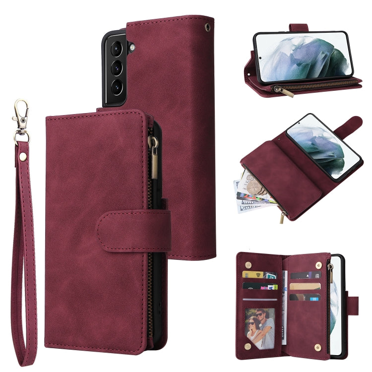 Multifunctional Leather Case for Samsung Galaxy S22 5G with Card Slot, Holder, Wallet, and Photo Frame in Wine Red