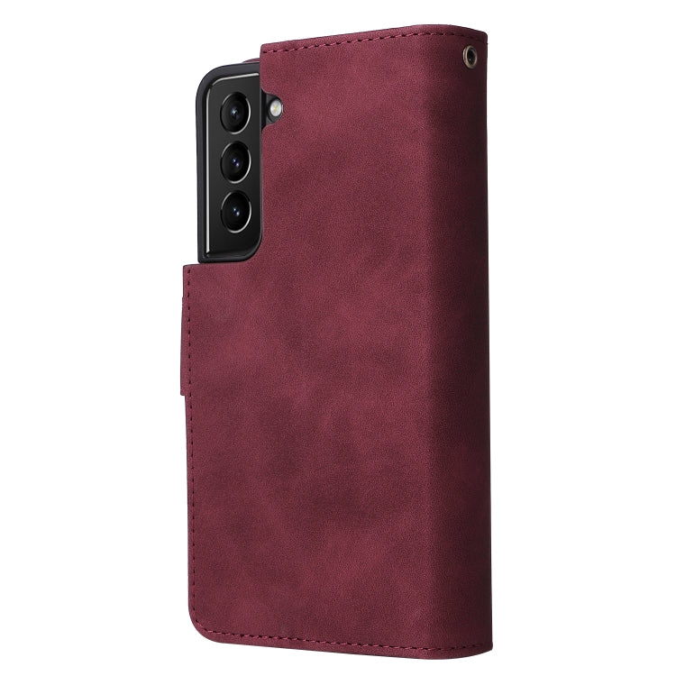 Multifunctional Leather Case for Samsung Galaxy S22 5G with Card Slot, Holder, Wallet, and Photo Frame in Wine Red