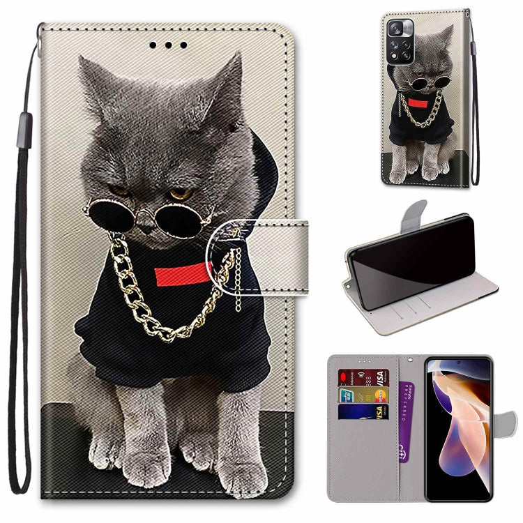 Colored Drawing Horizontal Flip Leather Phone Case for Xiaomi Redmi Note 11 Pro/11 Pro+ with Holder, Card Slots, Wallet, and Lanyard (Colorful Layer - Golden Chain Grey Cat)