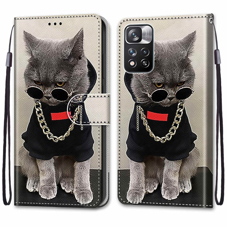 Colored Drawing Horizontal Flip Leather Phone Case for Xiaomi Redmi Note 11 Pro/11 Pro+ with Holder, Card Slots, Wallet, and Lanyard (Colorful Layer - Golden Chain Grey Cat)