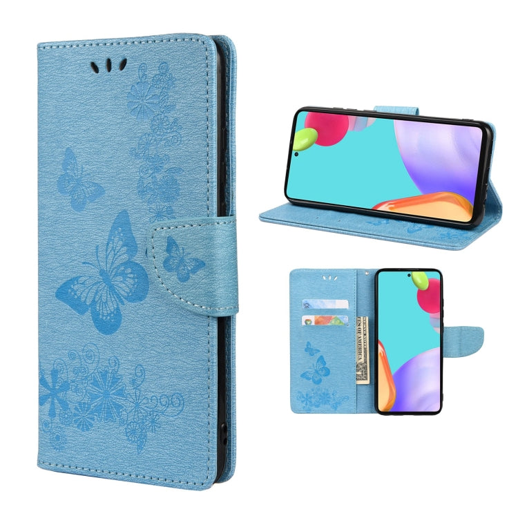 Butterfly Embossed Blue Leather Phone Case for Samsung Galaxy A33 5G with Card Slot & Holder