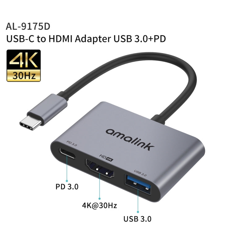 Type-C to HDMI + USB 3.0 + PD HUB Adapter by amalink 9175D (Grey)