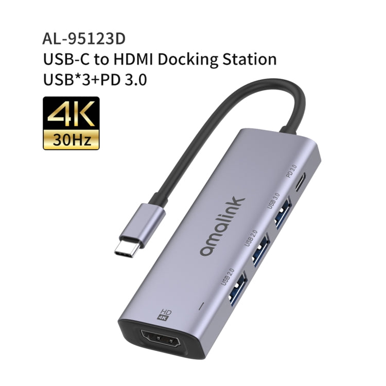Amalink 95123D Type-C / USB-C to HDMI + 3 Ports USB + PD 3.0 Multi-function HUB(Grey)