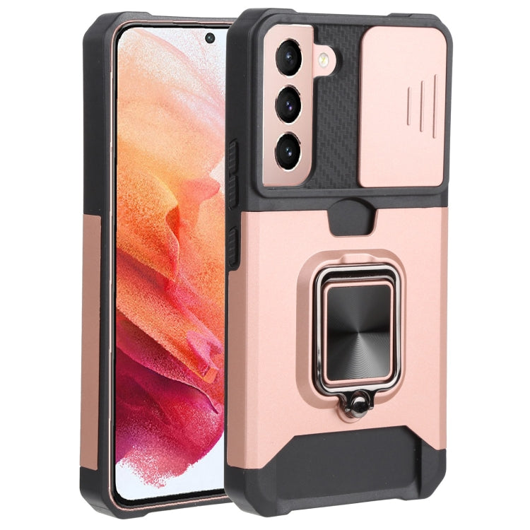 Rose Gold Sliding Camera Cover Phone Case for Samsung Galaxy S22 5G with Ring Holder & Card Slot