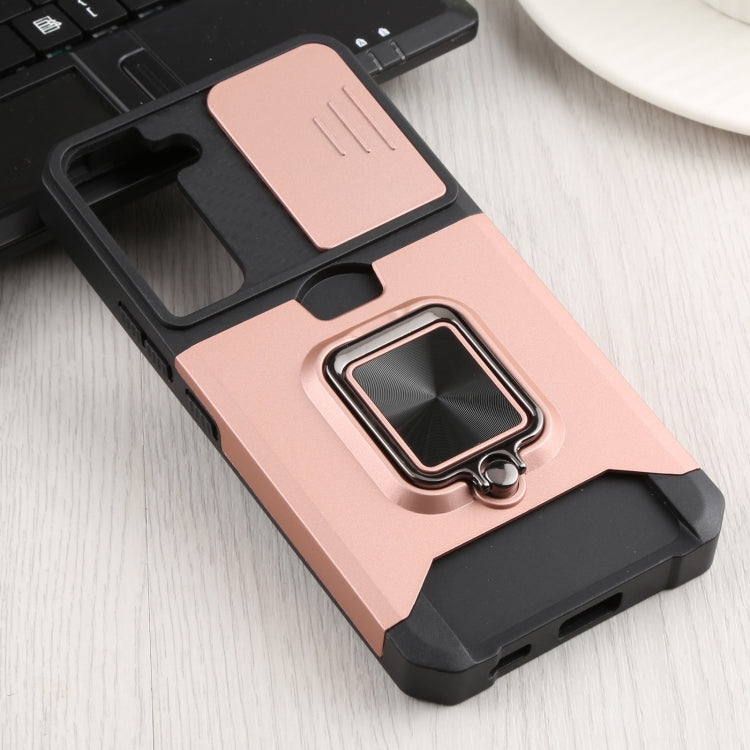 Rose Gold Sliding Camera Cover Phone Case for Samsung Galaxy S22 5G with Ring Holder & Card Slot
