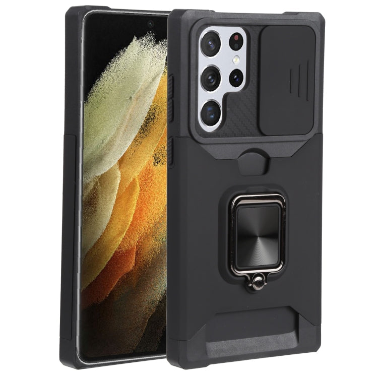 Sliding Camera Cover Phone Case for Samsung Galaxy S22 Ultra 5G with Ring Holder & Card Slot (Black)