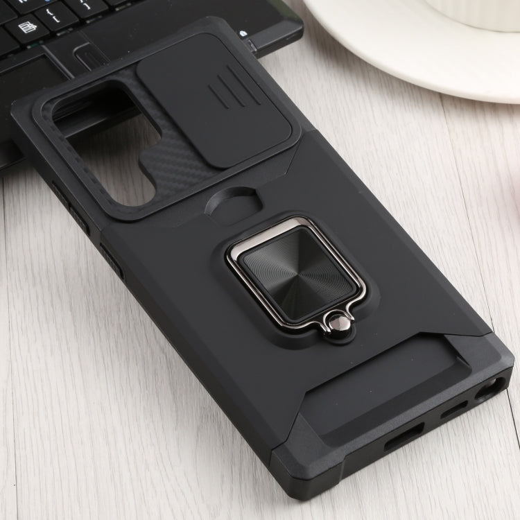 Sliding Camera Cover Phone Case for Samsung Galaxy S22 Ultra 5G with Ring Holder & Card Slot (Black)