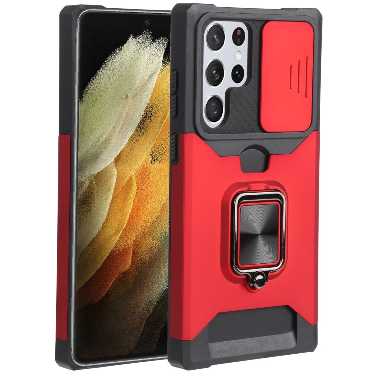 Red Sliding Camera Cover Shockproof Phone Case for Samsung Galaxy S22 Ultra 5G with Ring Holder & Card Slot