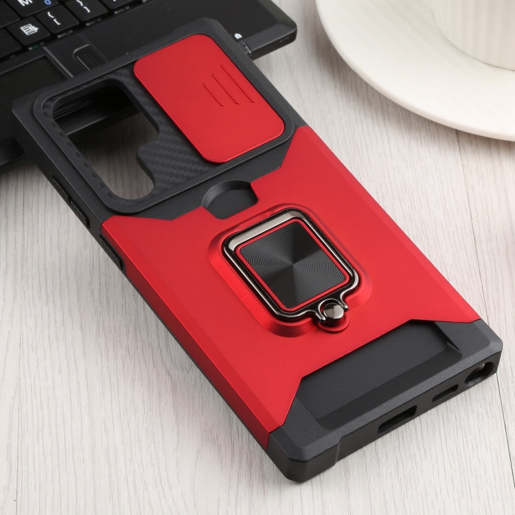 Red Sliding Camera Cover Shockproof Phone Case for Samsung Galaxy S22 Ultra 5G with Ring Holder & Card Slot
