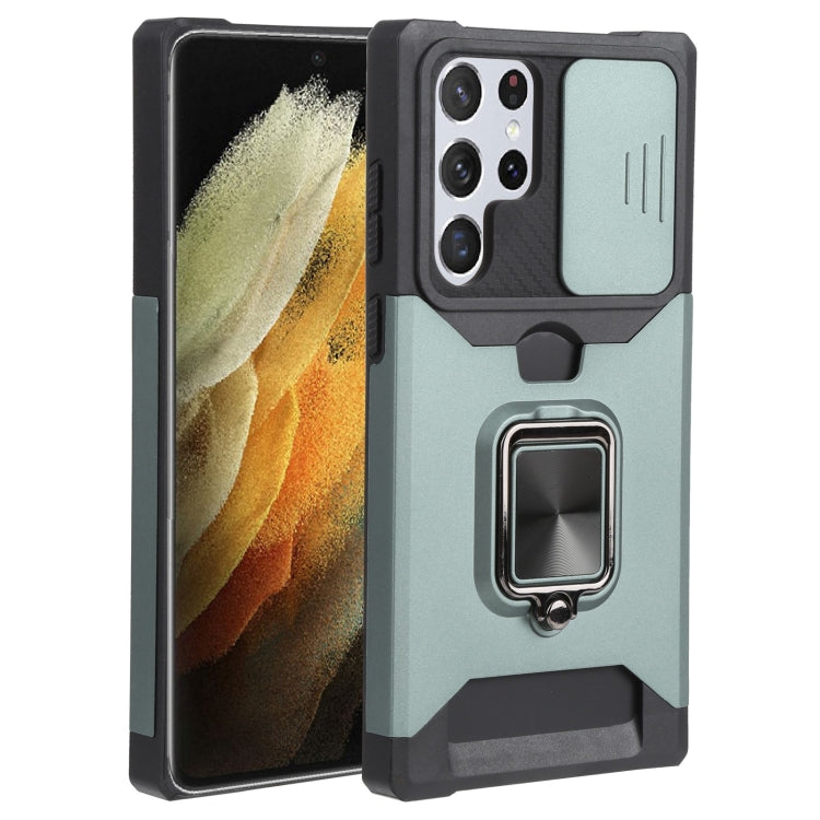 5G Dark Green Sliding Camera Cover Phone Case for Samsung Galaxy S22 Ultra With Ring Holder & Card Slot