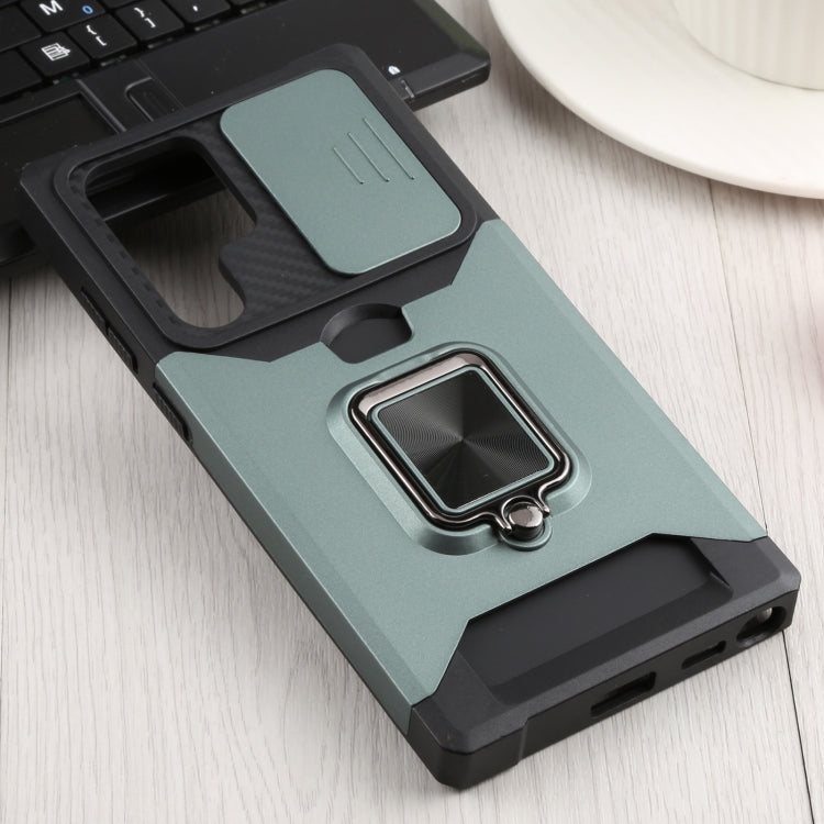 5G Dark Green Sliding Camera Cover Phone Case for Samsung Galaxy S22 Ultra With Ring Holder & Card Slot