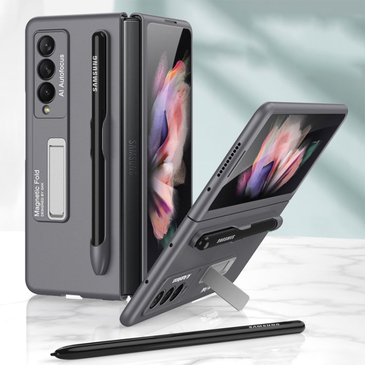 GKK Ultra-thin PC Phone Flip Case for Samsung Galaxy Z Fold3 5G (Grey) with Holder & Pen Slot