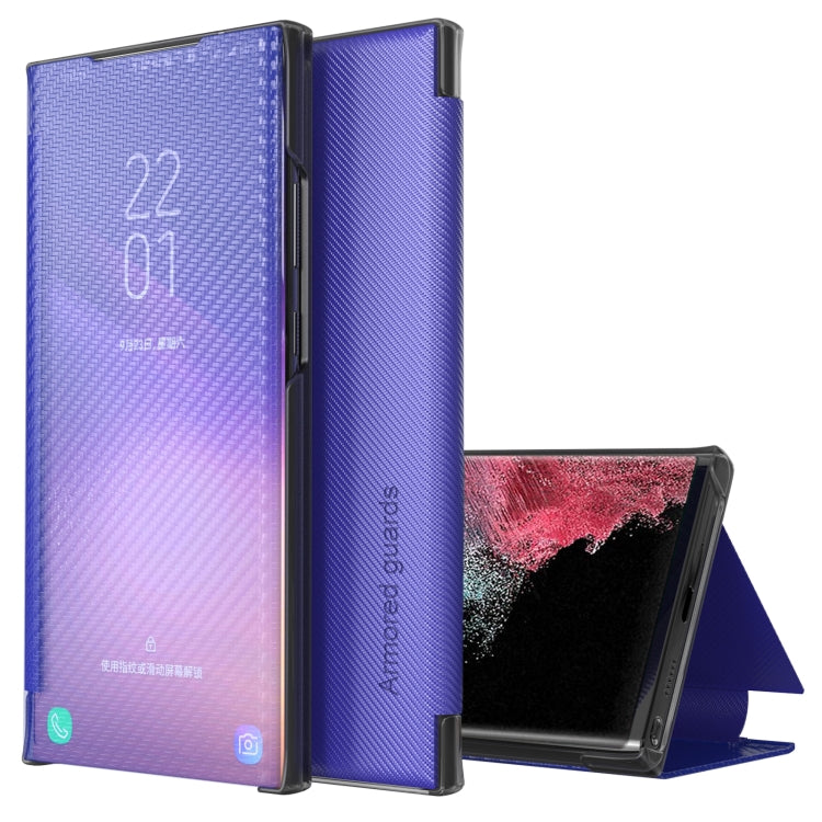 Samsung Galaxy S22 Ultra 5G Blue Carbon Fiber View Time Leather Phone Case