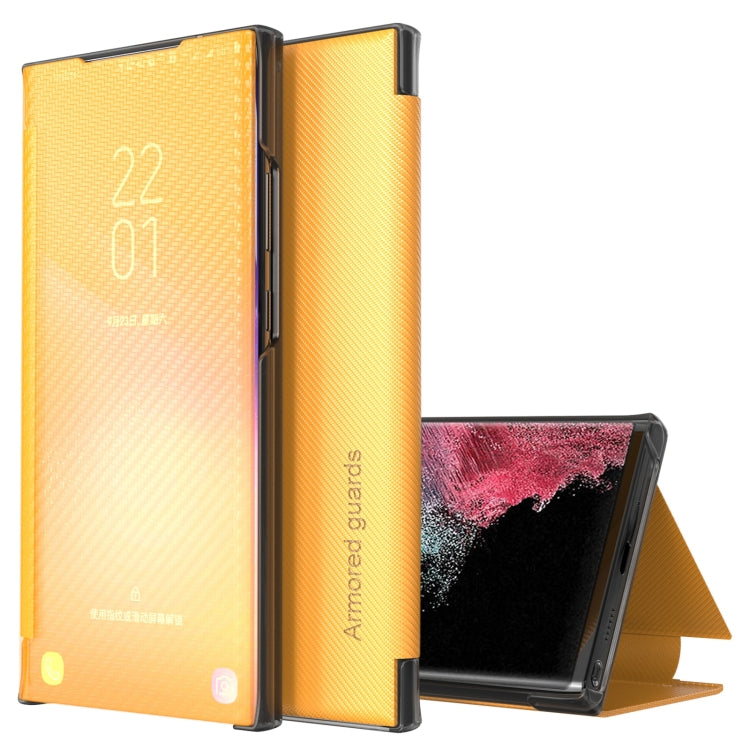 Yellow Carbon Fiber View Time Leather Phone Case for Samsung Galaxy S22 Ultra 5G